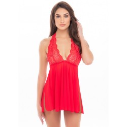 Nuisette rouge col échancré, dos nu et string assorti - REN51011-RED