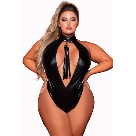 Body en simili cuir grande taille, extensible avec col clouté et fouet - DG12450XBLK