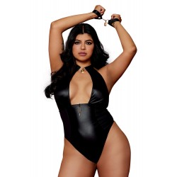 Body wetlook noir grande taille avec menottes, cadenas bijoux et clé bijou inclus - DG12814XBLK