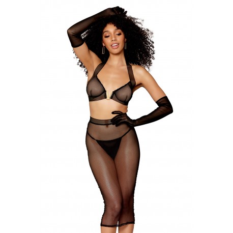 Ensemble 2 pièces, soutien gorge et jupe longue transparente noir - DG12770BLK