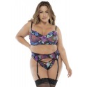 Ensemble trois pièces noir, grande taille, imprimé fleurs exotiques- MAL8770XPRT