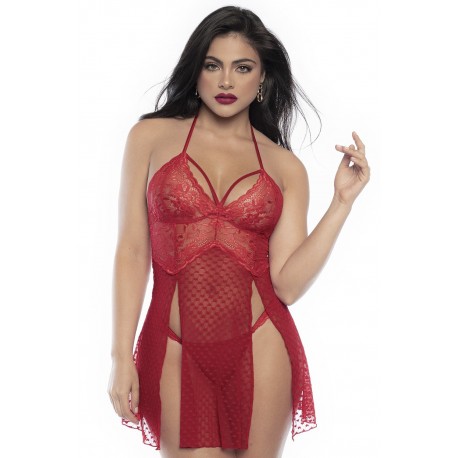 Nuisette dos nu en dentelle rouge et fine résille avec string assorti - MAL7506RED