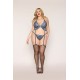 Soutien porte jarretelles grande taille et string en dentelle florale bleue - DG13522XBLU