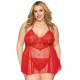 Nuisette grande taille rouge en résille et dentelle florale, string assorti - DG13524XRED