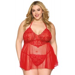 Nuisette grande taille rouge en résille et dentelle florale, string assorti - DG13524XRED