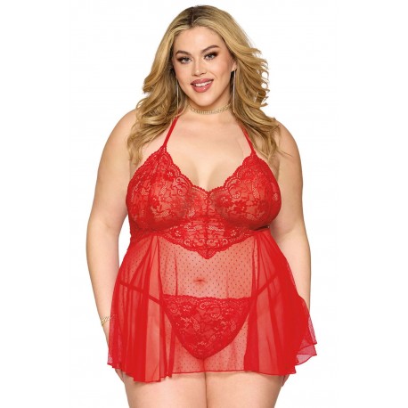 Nuisette grande taille rouge en résille et dentelle florale, string assorti - DG13524XRED