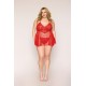 Nuisette grande taille rouge en résille et dentelle florale, string assorti - DG13524XRED