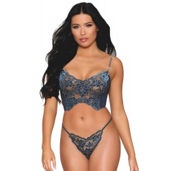 Bustier dentelle florale et résille avec strass et string assorti - DG13492BLU