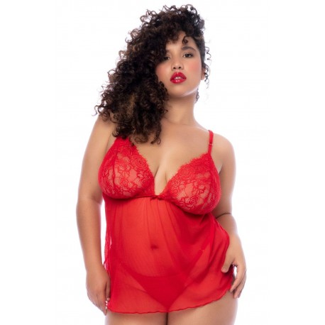 Nuisette courte grande taille rouge et string - MAL7562XRD