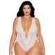 Ensemble 2 pièces grande taille, body dentelle blanc et chainettes bijou de corps perles blanches - DG13697XWHT