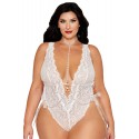 Ensemble 2 pièces grande taille, body dentelle blanc et chainettes bijou de corps perles blanches - DG13697XWHT